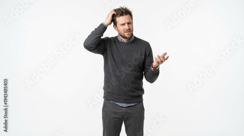 A confused man scratching his head and gesturing with his hand in a puzzled expression