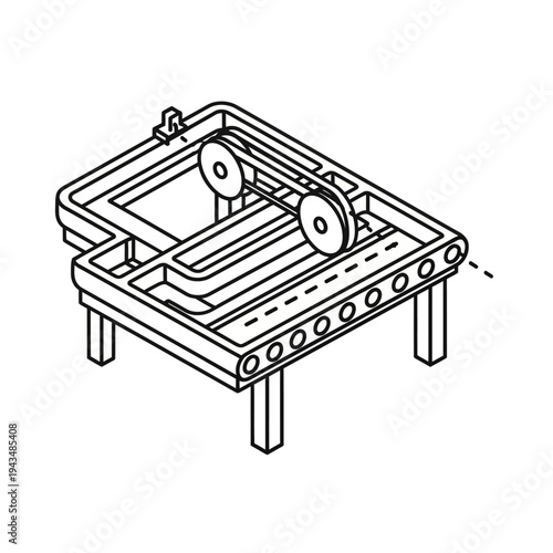 Isometric line art illustration of an industrial conveyor belt system with pulleys and rollers for manufacturing.