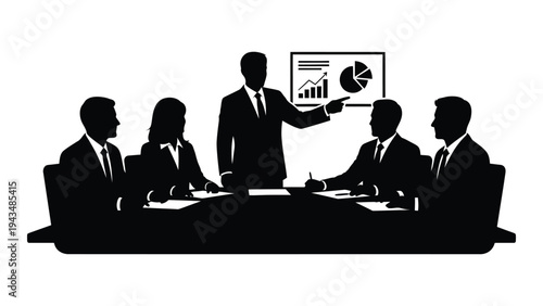 Business team meeting with presenter showing graphs