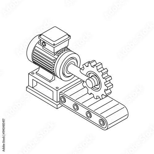 Isometric line drawing of an industrial electric motor driving a conveyor belt system with a gear mechanism.