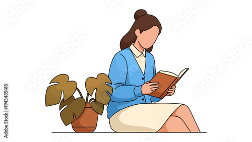 Solitude and Literary Escape: A woman absorbed in a captivating book, finding tranquility in the pages, accompanied by a potted plant for a touch of nature and peace.