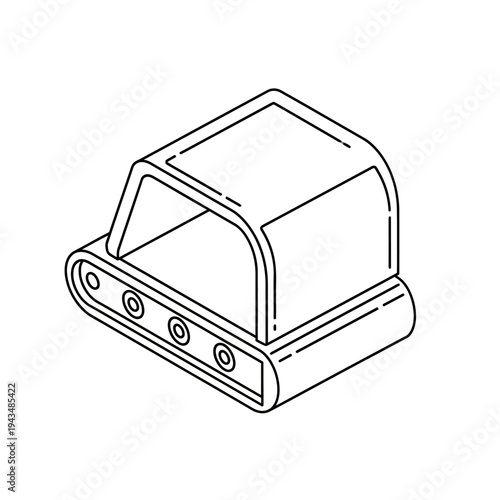 Isometric line art illustration of a minimalist futuristic device with sensors and an open display area.