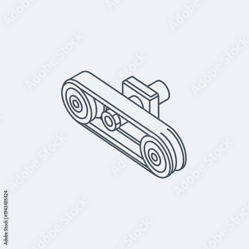 Isometric line art illustration of a mechanical belt drive system with two pulleys and a connecting belt, often used in industrial machinery.