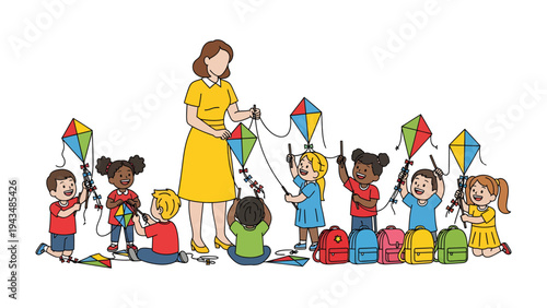 Kite-Flying Fun: A cheerful teacher guides a group of enthusiastic children, teaching them the joy of kite-flying on a bright, sunny day.
