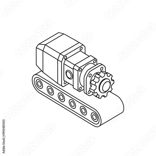 Isometric line drawing of a mechanical gear pump assembly mounted on a tracked base, depicting industrial machinery components.
