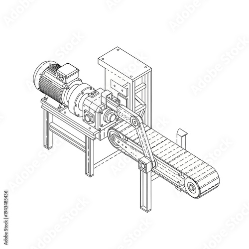 Isometric line drawing of an industrial conveyor belt system with motor and gearbox for material handling applications.