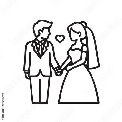 Charming line art illustration depicting a happy bridal couple holding hands, symbolizing love, commitment, and new beginnings on their special wedding day