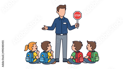 School Crossing Guidance: A school crossing guard directs a group of attentive students, holding a stop sign, ensuring safety and responsibility for young children on their way to school.