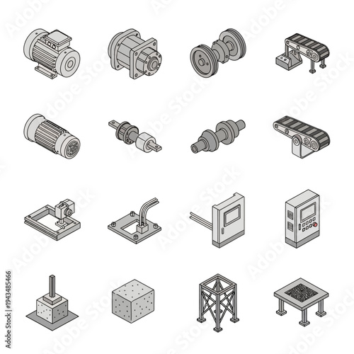Isometric line art icons of various industrial machinery, components, and manufacturing equipment for engineering and factory automation.