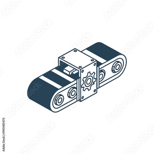 Isometric line art illustration of a conveyor belt system with a central gear mechanism, representing industrial automation and manufacturing processes.