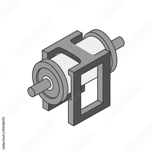 Isometric view of a simple mechanical roller assembly with a shaft and frame, depicted in grayscale.