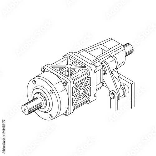 Detailed line drawing of an industrial motor and gearbox assembly with mounting hardware.