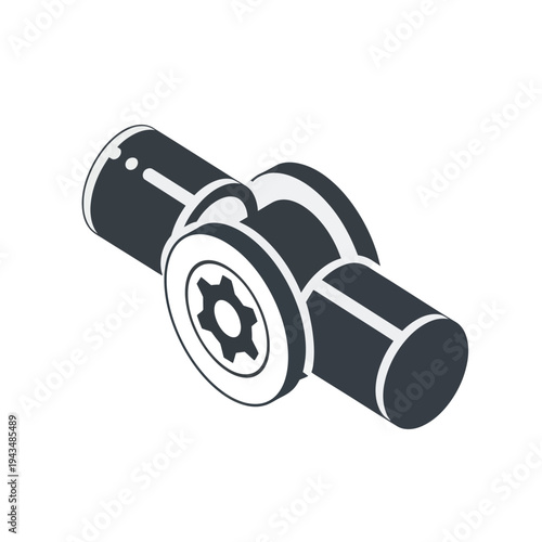 Isometric illustration of a mechanical gear and shaft assembly icon, representing industrial components and engineering.