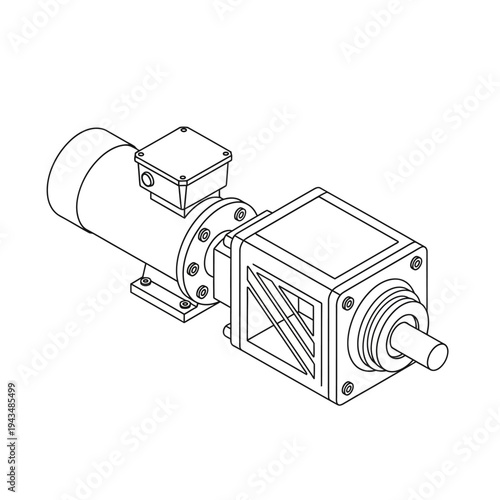 Isometric line drawing of an industrial geared motor unit with an electric motor connected to a gearbox and an output shaft.