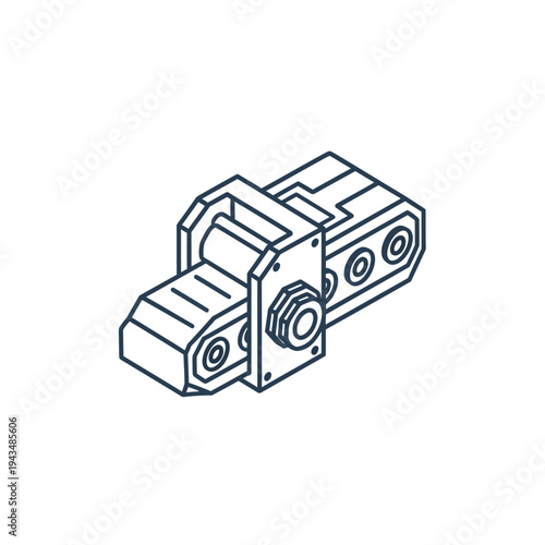 Isometric line art illustration of a mechanical track system component with rollers and a central hexagonal fastener, depicting industrial machinery.