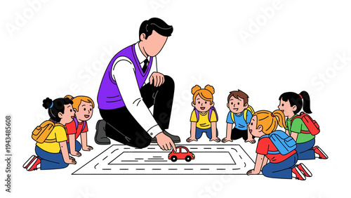 Playtime in the Classroom: A teacher and a group of attentive children engage in a fun learning activity. A red car sits on a drawn road on the floor.