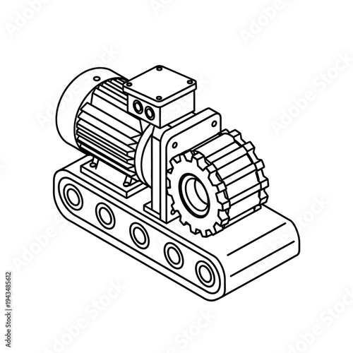 Isometric line art drawing of an industrial motor and gearbox assembly driving a tracked mechanism, representing power transmission.