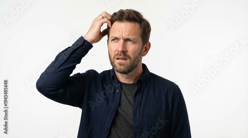 A man with a puzzled expression scratching his head in confusion