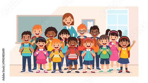 Young minds ready for new horizons: An inspiring classroom scene depicts a group of cheerful students alongside their teacher, ready to embark on another exciting day of learning.