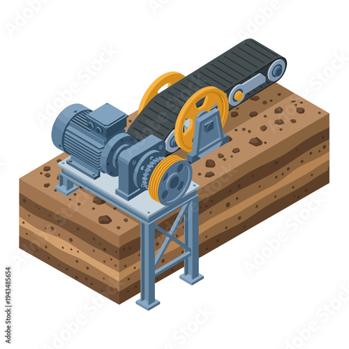 Isometric illustration of a heavy-duty industrial conveyor belt system with an electric motor and gearbox, moving material across layered ground.