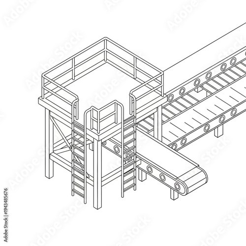 Isometric line drawing of an industrial conveyor belt system with elevated platforms and access ladders, illustrating material handling machinery.