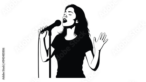 A woman singing into a microphone with her hand raised