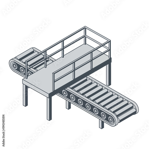 Isometric illustration of an industrial conveyor belt system with an elevated platform and an inclined roller conveyor, depicting factory automation and material handling.