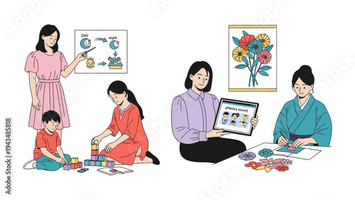 Empowering Education: A curated view of nurturing teachers guiding their students in a dynamic classroom environment.