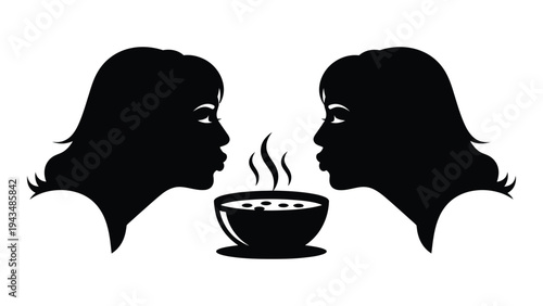 Two women facing each other over a steaming bowl of soup