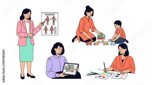 Career of Woman in Teaching and Art: Depicting woman engaging teaching, with children, arts, and professional environment. show of career in classroom, painting. 
