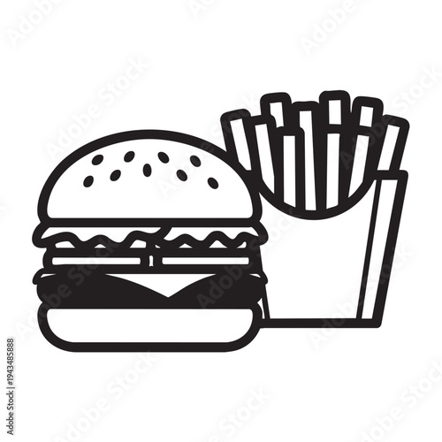 Minimalist graphic illustration of a classic combo meal with a hamburger and crispy french fries, perfect for fast food menus and quick-service restaurant branding