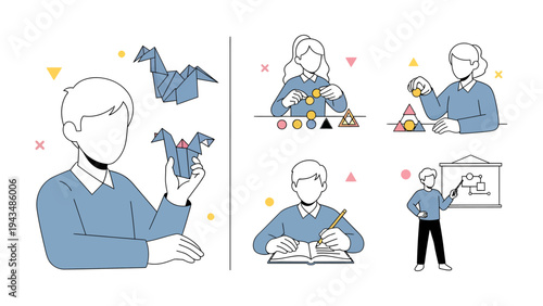 Art of Creation: A series of illustrations capturing the moments of hands-on creativity through origami, shape assembling and presenting a teaching plan 