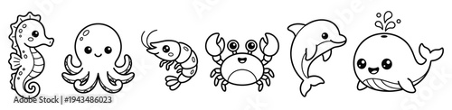 Cute cartoon sea creatures black and white outline drawing for coloring