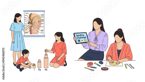 Harmony of Learning: Children are immersed in diverse educational experiences within a vibrant classroom. Students collaborate on engaging activities.