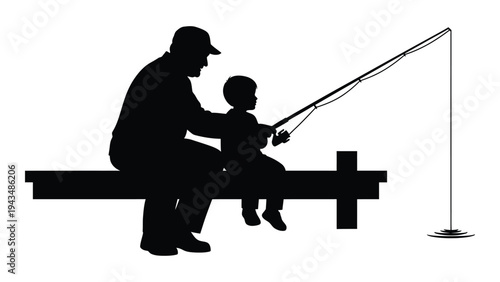 Man and a boy fishing together on a pier