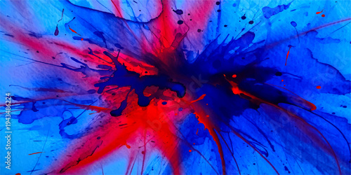 Vibrant red and blue watercolor paint splashes create an artistic abstract background featuring ink splatters and liquid brush textures in a colorful grunge design