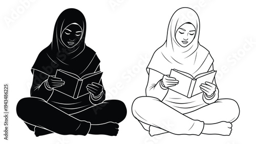 Two women sitting cross-legged wearing headscarves