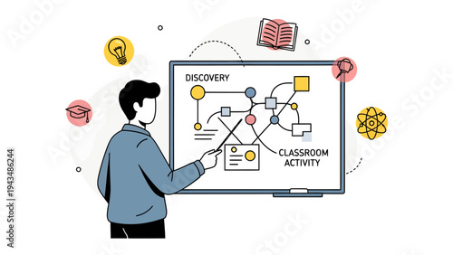 Knowledge Unveiled: An animated illustration of an educator presenting a discovery process on a whiteboard, surrounded by icons symbolizing learning, innovation, and educational growth. 