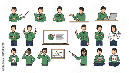 Business Presentation Poses: A diverse collection of illustrated individuals engaged in business presentations, showcasing different poses.