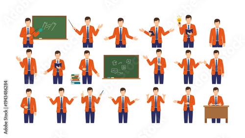 Educational Instruction: A series of illustrations capturing an educator in various dynamic poses and gestures, providing a vibrant and comprehensive depiction of teaching and instruction.