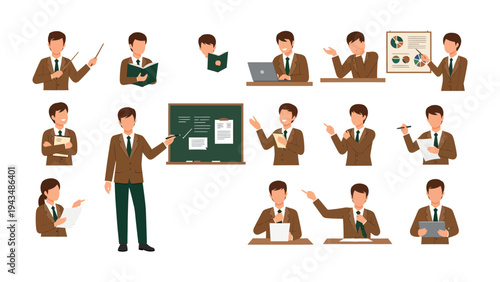 Teacher's Ensemble: A series of illustrations of teachers in various poses and actions, ideal for educational content.