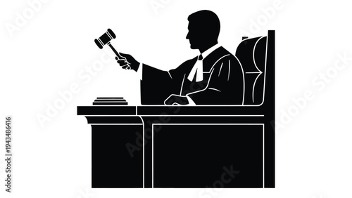 Judge sitting at a desk holding a gavel