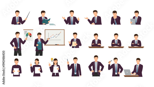 Business Presentation Expressions: A collection of illustrations showcasing a diverse range of business professional in various presentation styles. perfect for business needs.