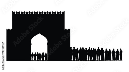 A large group of people standing in front of a castle gate