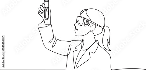 Continuous one line drawing scientific girl looking lab result in tube. Science day concept. one line Icon drawing