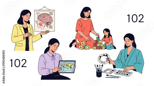 Versatile Roles: A professional woman engaged in various activities, teaching, nurturing, and creating, embodies multiple roles in a collection of illustrations.