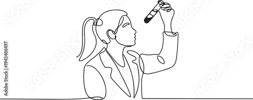 Continuous one line drawing scientific girl looking lab result in tube. Science day concept. one line Icon drawing