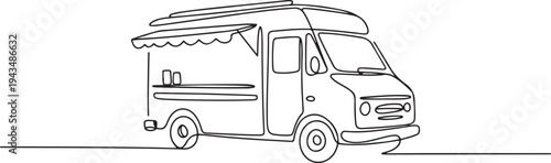 Continuous one line drawing Food trucks. Restaurant on wheels. Vans for street food selling. Car concept. one line Icon drawing