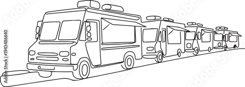 Continuous one line drawing Food trucks. Restaurant on wheels. Vans for street food selling. Car concept. one line Icon drawing