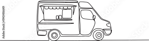 Continuous one line drawing Food trucks. Restaurant on wheels. Vans for street food selling. Car concept. one line Icon drawing